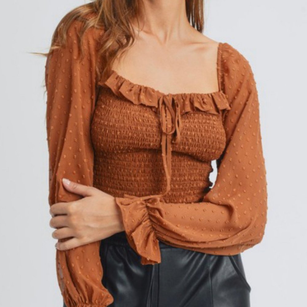 Ruffled Bell Sleeve Top Brown - Picture 3 of 4